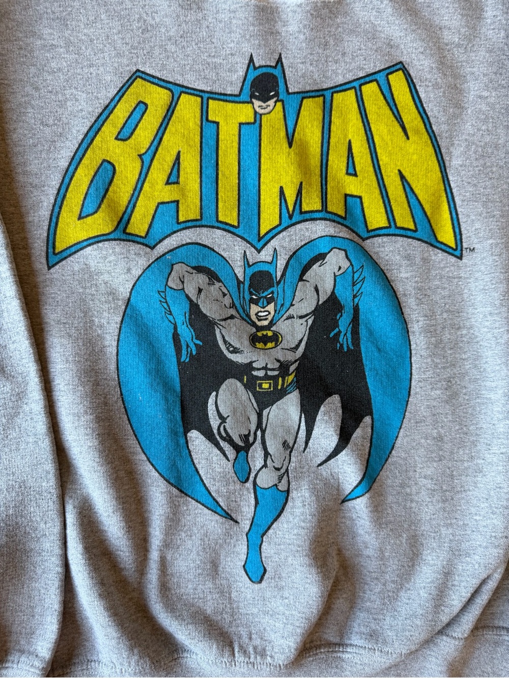Batman Retro Comic Graphic Gray Sweatshirt Raw Cut Neck Pullover - Picture 2 of 4